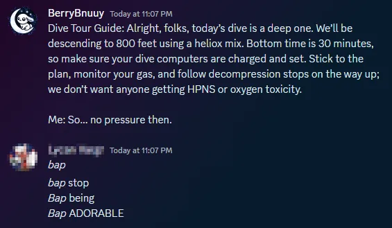 A screenshot of a Discord chat where a dive tour guide gives serious safety instructions for a deep dive, and the user…