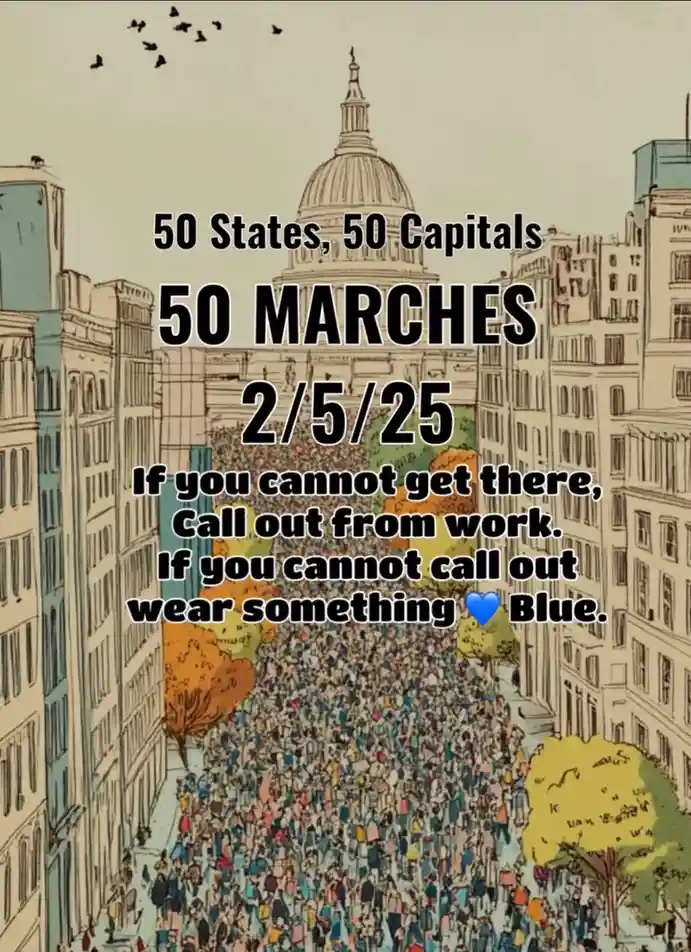 An illustrated image depicts a massive crowd of people marching down a city street toward a domed capitol building, with…