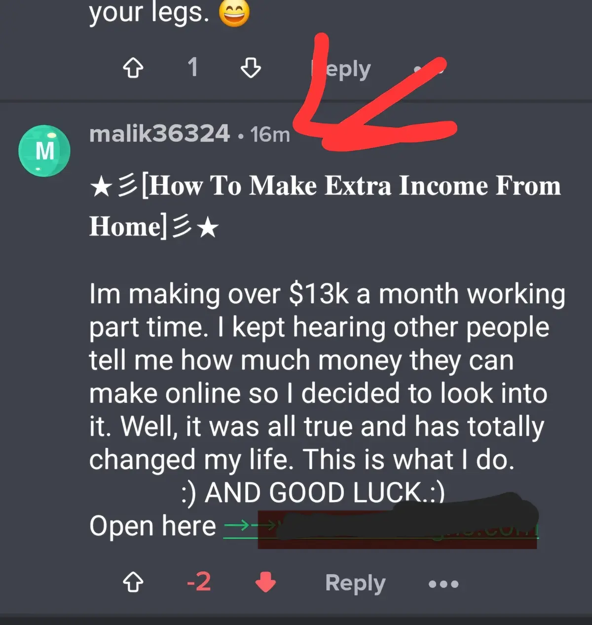 A screenshot of a Reddit comment by user 'malik36324' claiming to make over $13k/month working part-time from home, with a…
