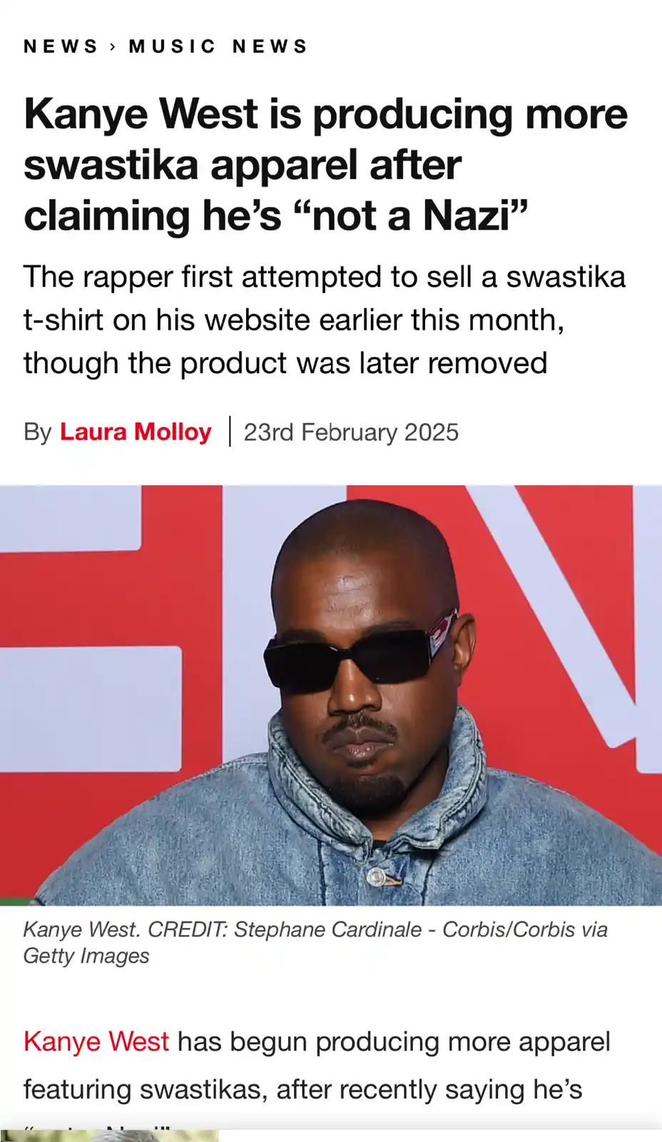 A screenshot of a news article about Kanye West producing swastika apparel, featuring a photo of him wearing sunglasses and…