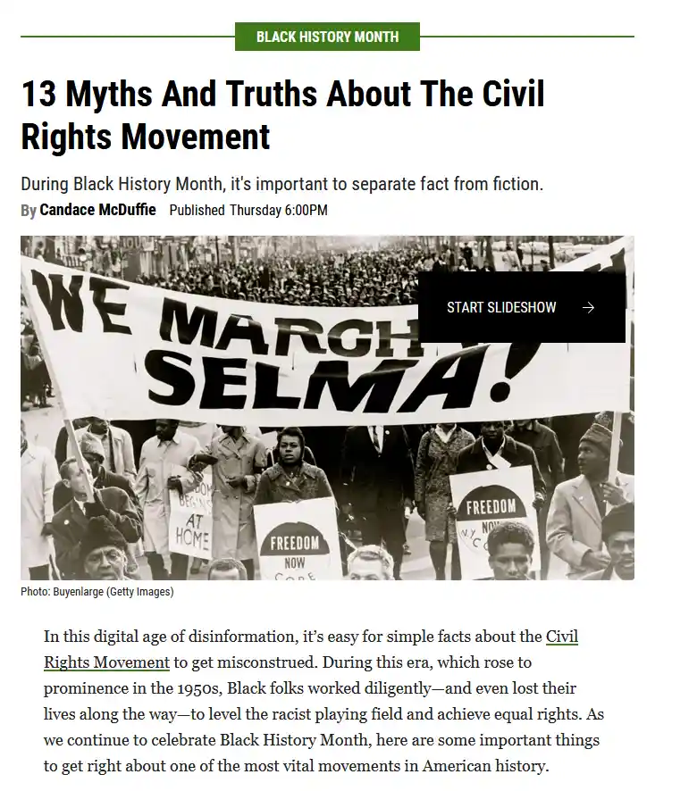 A black-and-white photo of a civil rights march with a large banner reading 'WE MARCH SELMA!' overlaid with a black box…