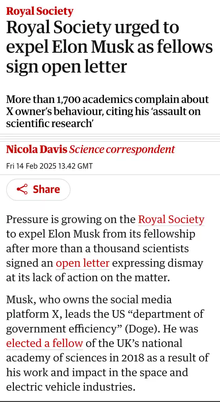 A screenshot of a news article from the Royal Society dated February 14, 2025, reports that over 1,700 academics are urging…