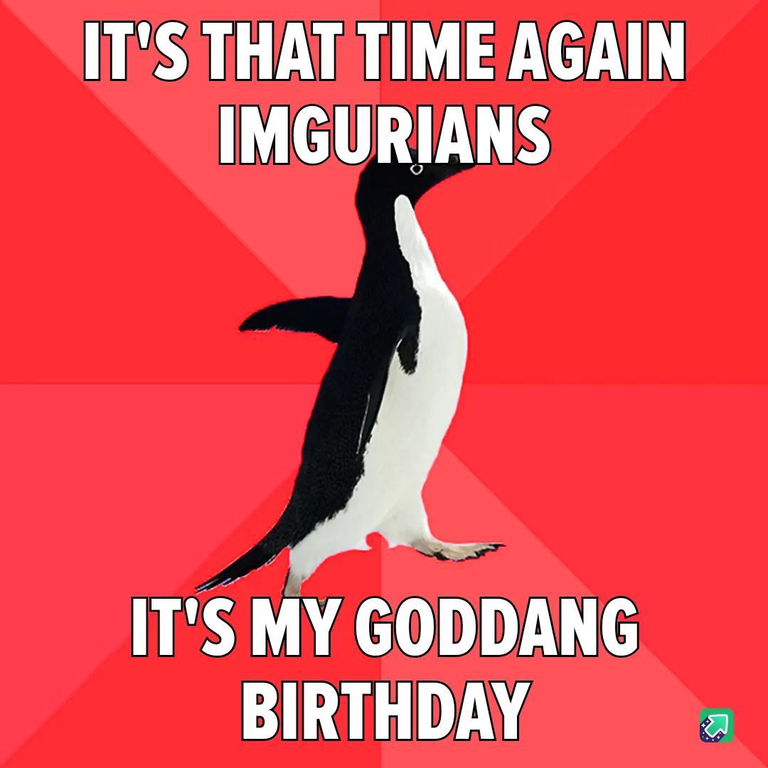 A black-and-white penguin stands upright against a red background with diagonal stripes. The text reads 'IT'S THAT TIME…