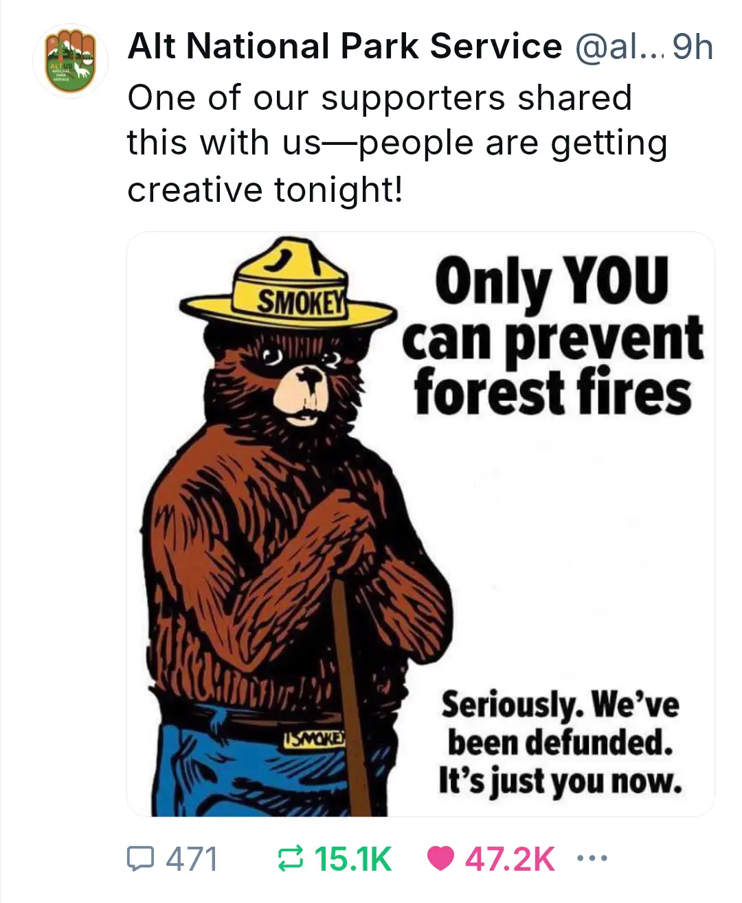 The image features the classic Smokey Bear mascot wearing his yellow hat and blue pants, holding a stick, with the original…