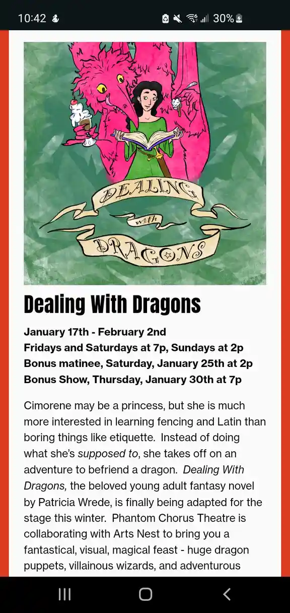 An illustrated poster for a stage adaptation of the book 'Dealing With Dragons' shows a woman in a green dress reading a…