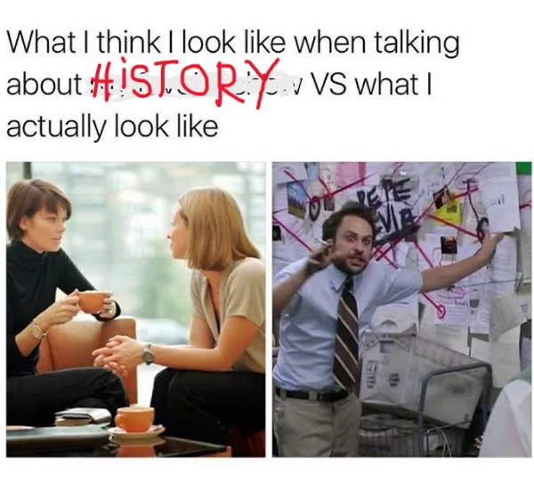 The image is split into two panels. Left: two women calmly sitting and talking over tea. Right: a man in a shirt and tie…