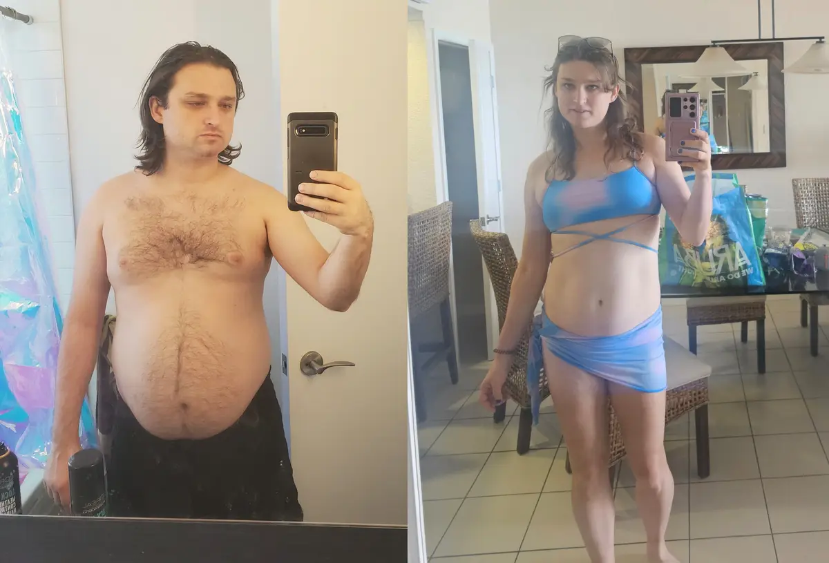 A side-by-side mirror selfie shows a shirtless man with a large belly holding a phone, next to a woman in a blue bikini…