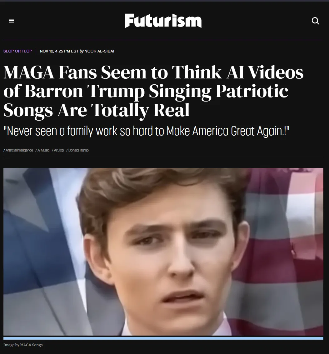 The image is a screenshot of a Futurism article header showing a close-up of Barron Trump with an American flag blurred in…