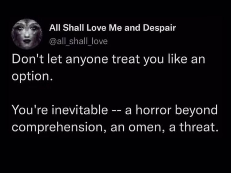 A black-background image displays a Twitter post from the account 'All Shall Love Me and Despair' with the handle…
