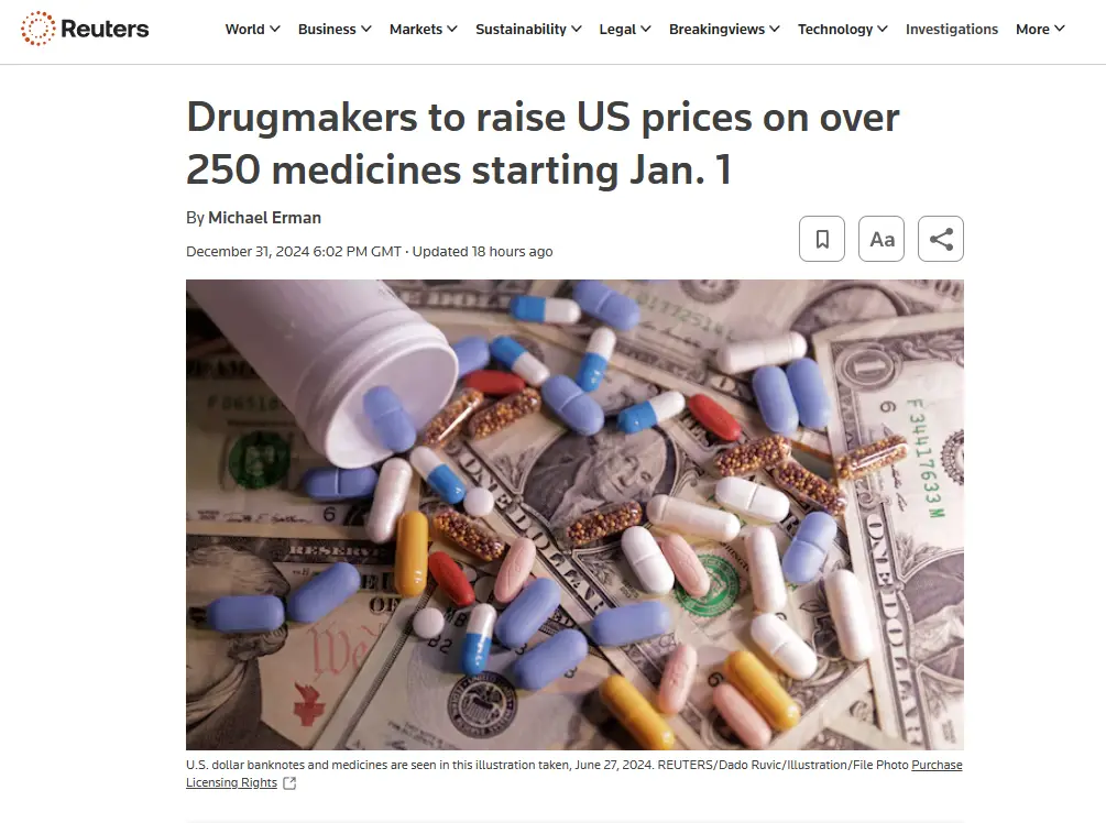 A Reuters news article screenshot shows a white pill bottle tipped over, spilling colorful pills onto scattered U.S. dollar…