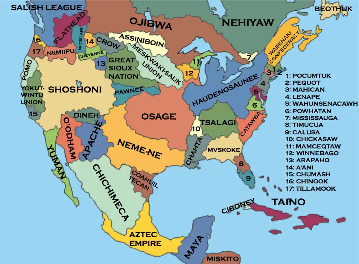 A colorful map of North America showing various indigenous nations and confederacies, each labeled with their name and some…