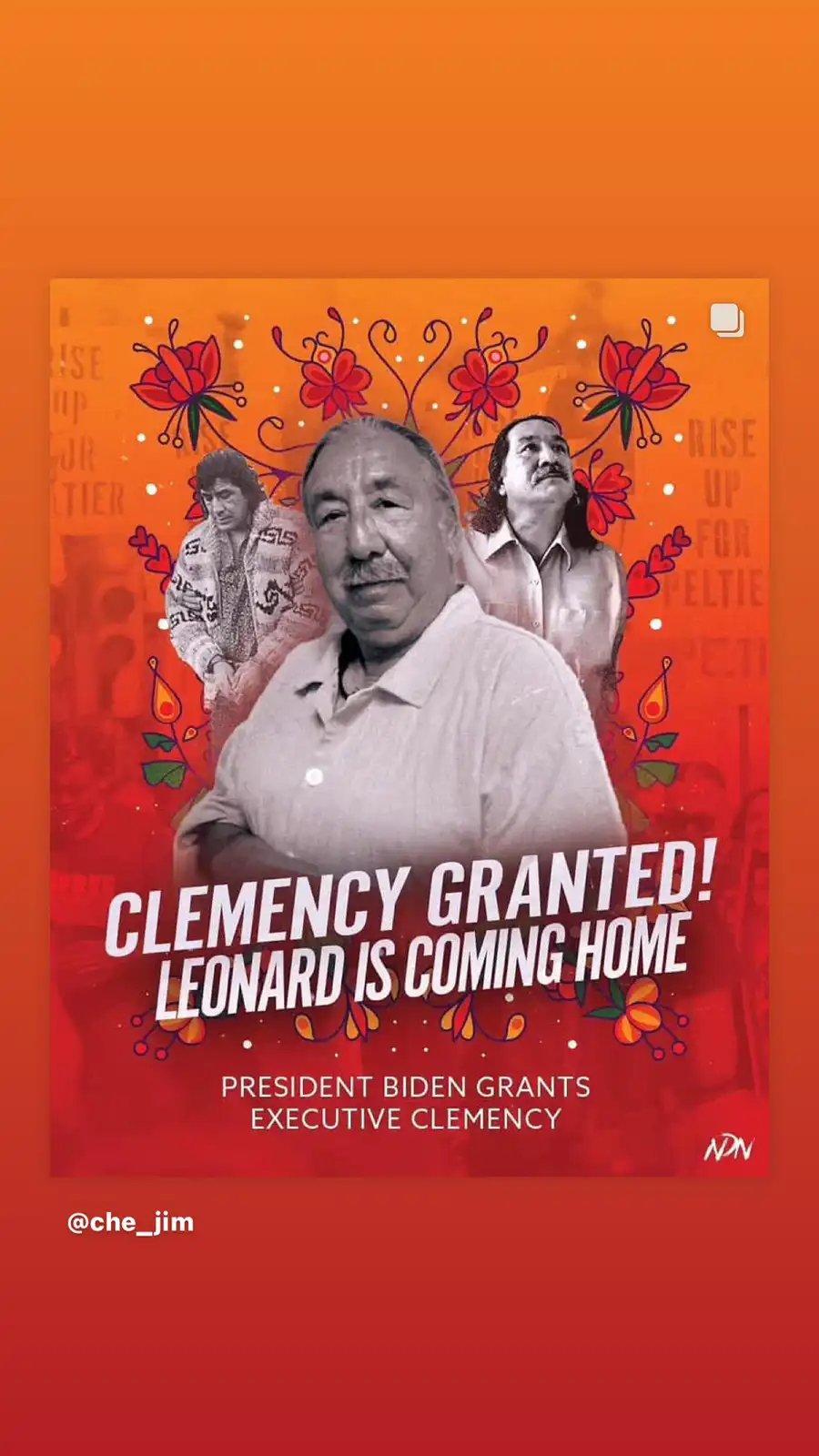 The image features a central black-and-white photo of Leonard Peltier, flanked by two other men in similar monochrome style…
