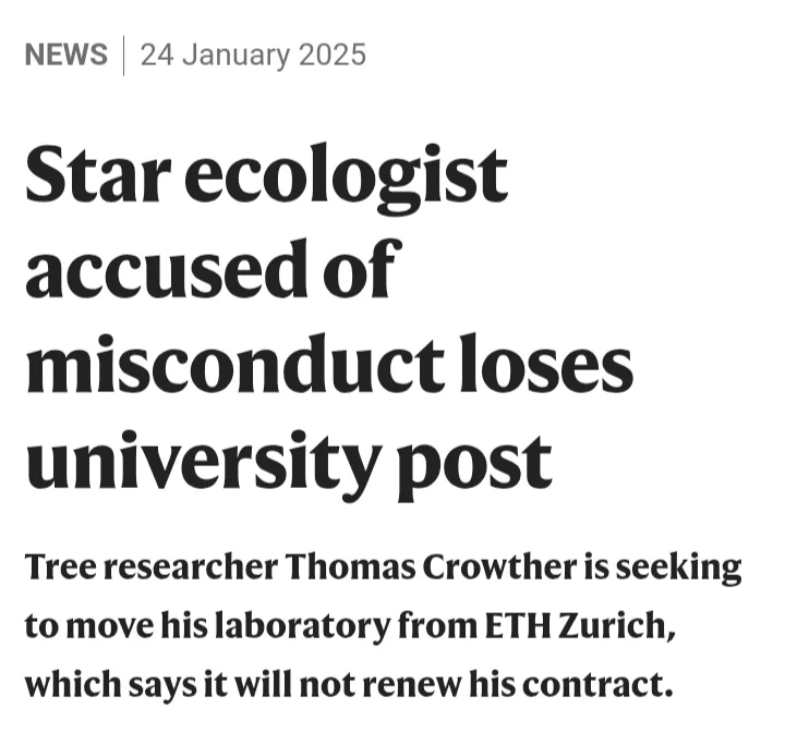A screenshot of a news article dated 24 January 2025 with the headline 'Star ecologist accused of misconduct loses…