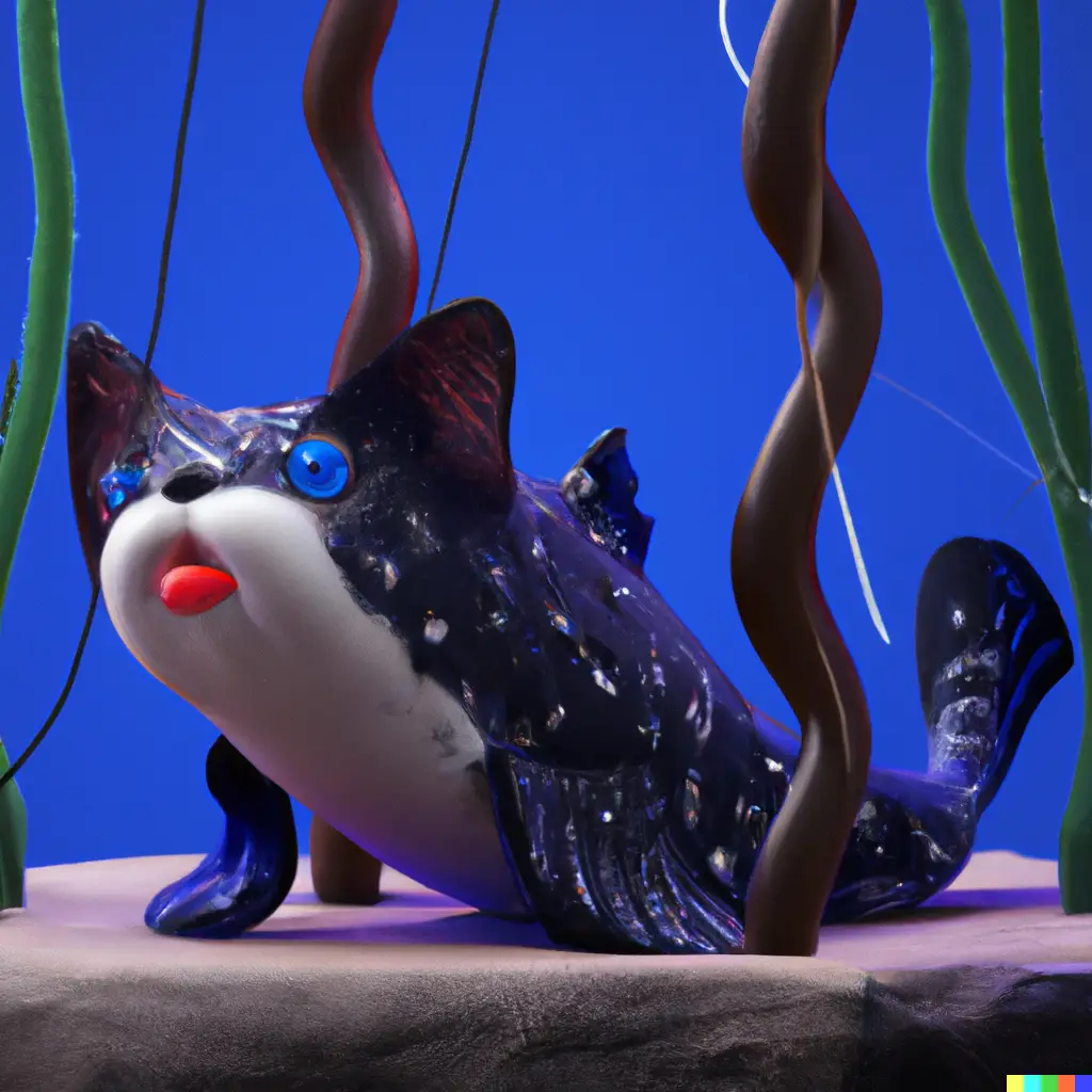 A stylized glass sculpture of a cat with fish-like features, including fins and a tail, set against a blue background with…