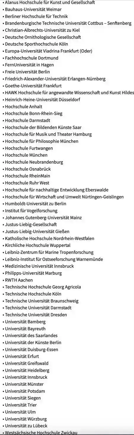 A long vertical list of German universities and colleges, including names like 'Technische Universität München'…