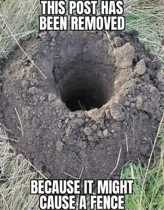 An image of a large, dark hole dug in the ground, surrounded by loose dirt and grass. The text overlaid in bold white…