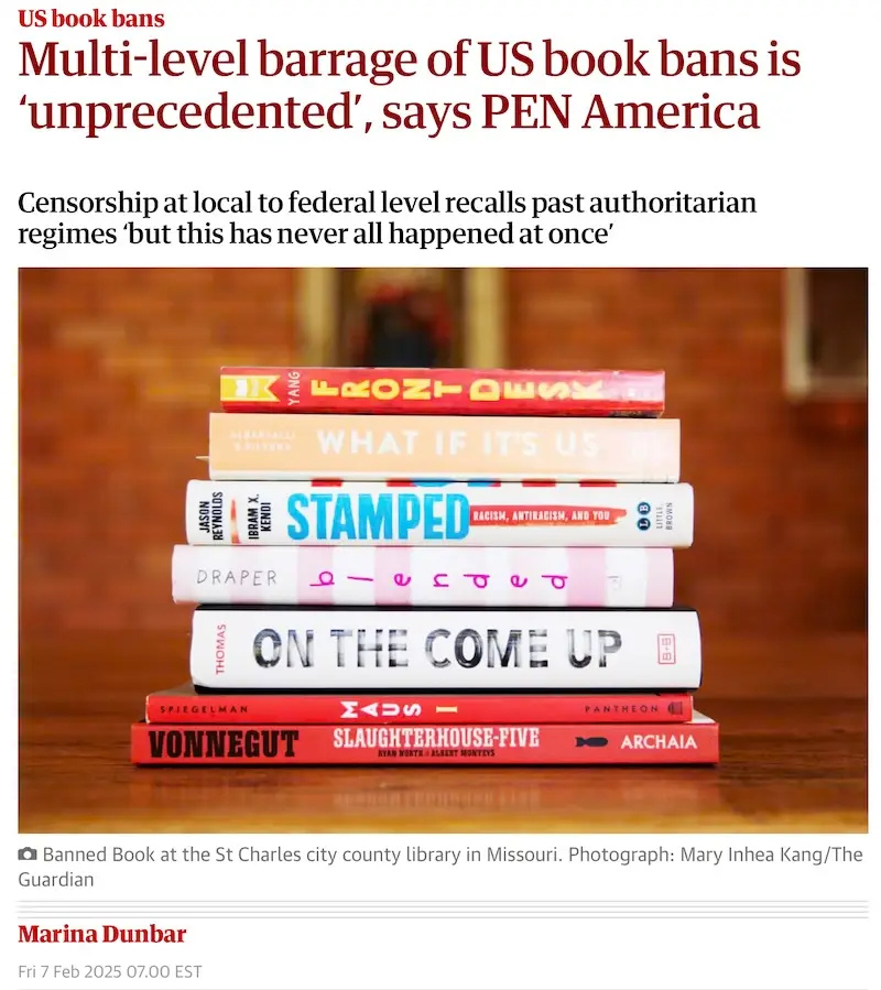 A stack of seven banned books is shown, including 'Front Desk', 'What If It's Us', 'Stamped', 'One of Us', 'On the Come Up'…