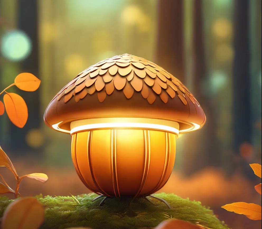 A stylized, glowing mushroom-shaped lamp with a textured cap and ribbed stem sits on moss in a forest, emitting warm light…