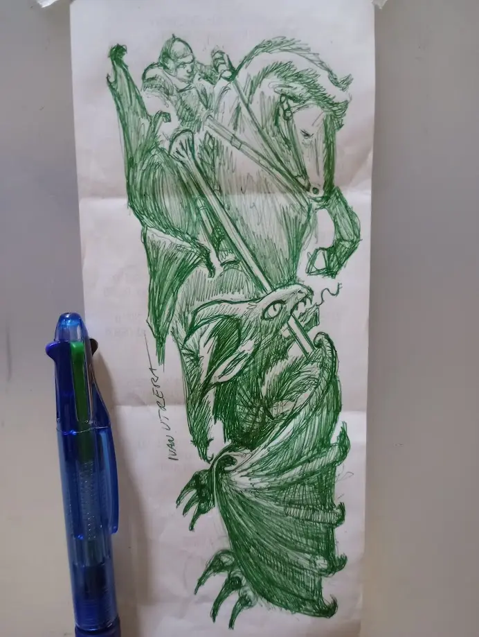 A green ink sketch on white paper depicts a knight on horseback attacking a dragon, with the knight's lance piercing the…