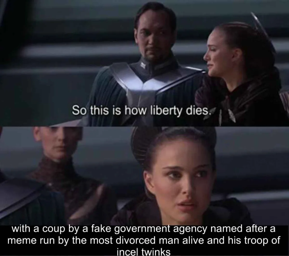 The image is a two-panel meme from Star Wars: The Clone Wars. The top panel shows a man and a woman in dark uniforms looking…