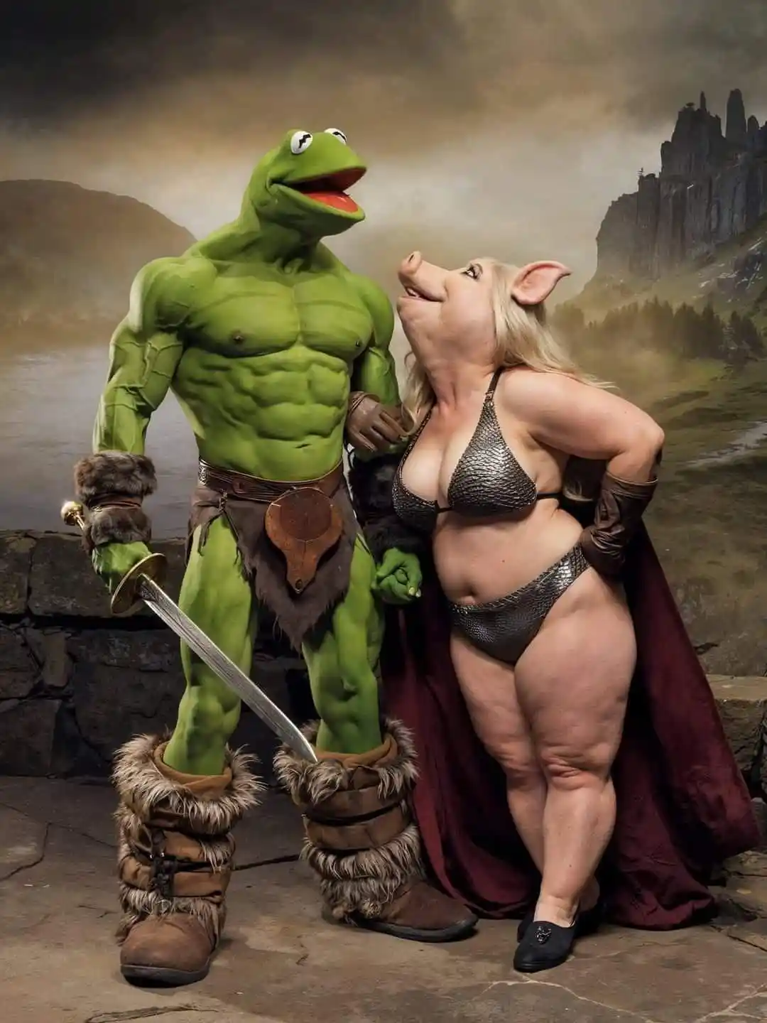 A muscular green frog in fantasy warrior gear holding a sword stands beside a pig woman in a metallic bikini and cape, both…