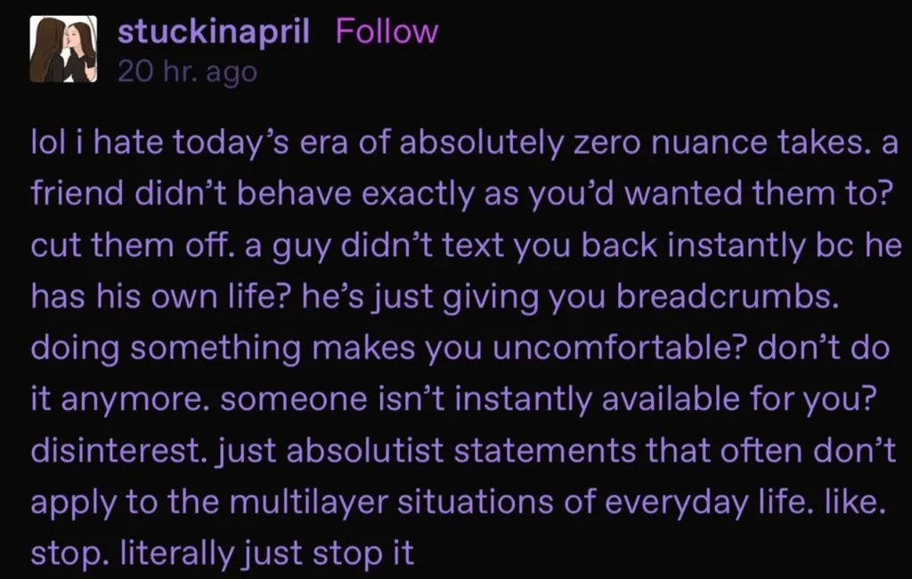 A screenshot of a social media post by 'stuckinaapril' with purple text on a black background, criticizing modern social…