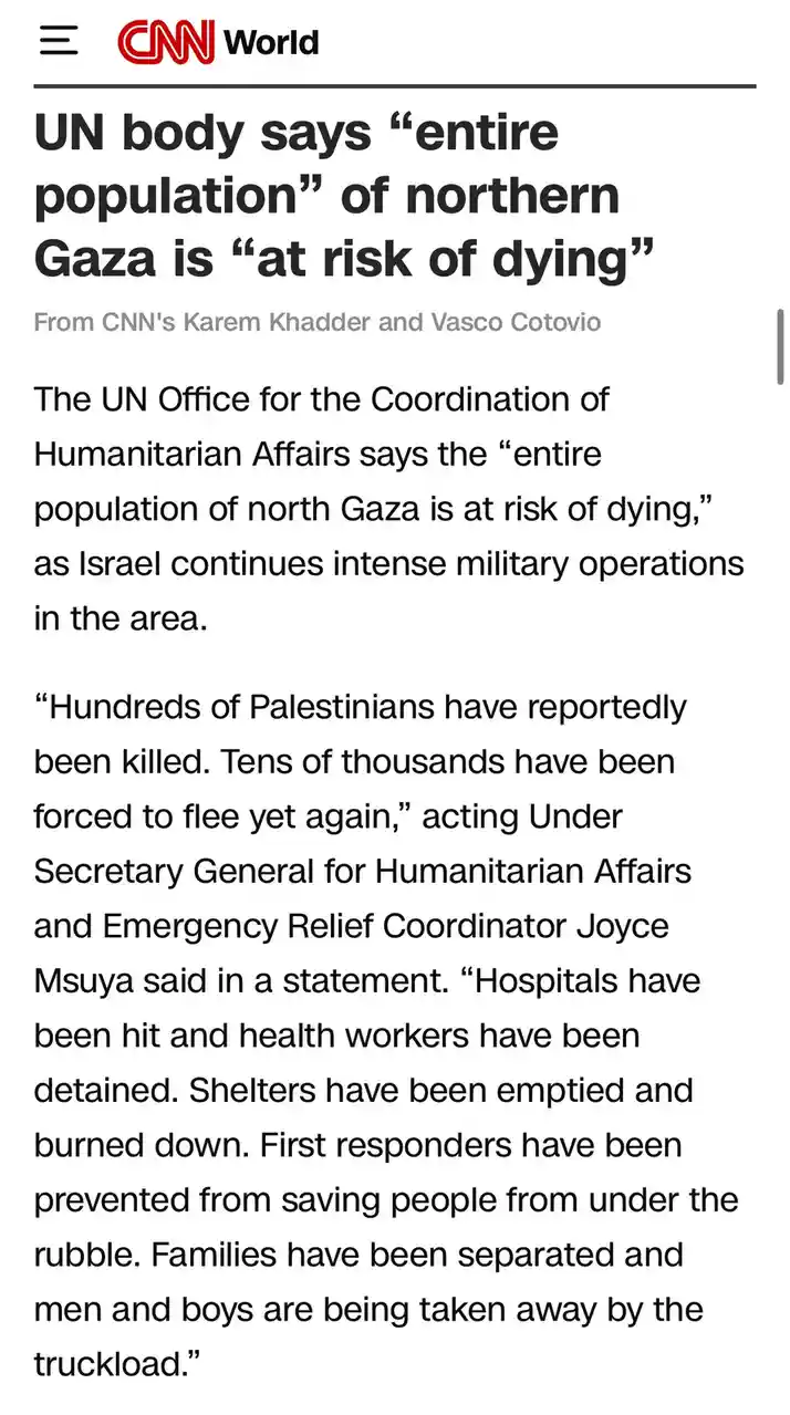 A screenshot of a CNN World news article with a headline stating a UN body says the "entire population" of northern Gaza is…