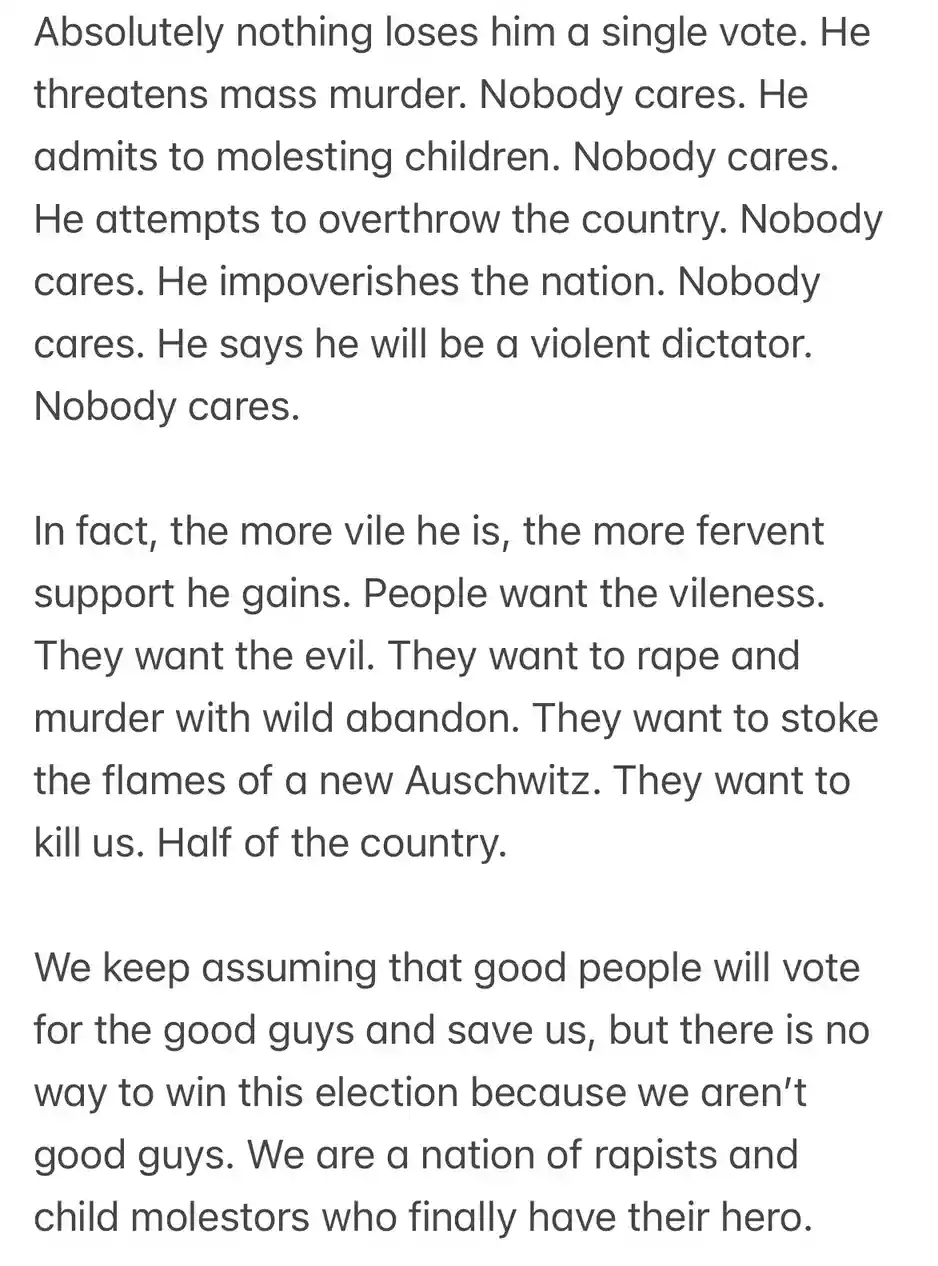 The image is a plain white background with black text that reads a passage describing how a political figure gains support…