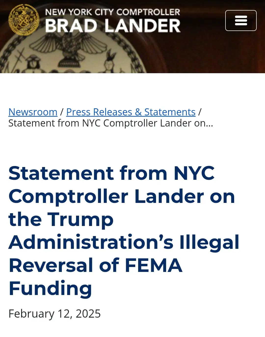 A screenshot of a fake news webpage from the New York City Comptroller's office, featuring Brad Lander's official seal and a…