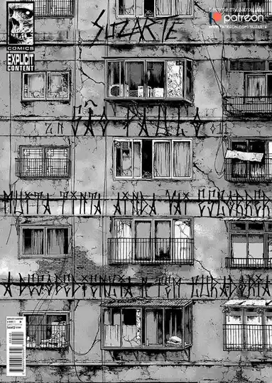 A black-and-white comic book cover by artist Suzarte, depicting a dilapidated apartment building with cracked walls and…