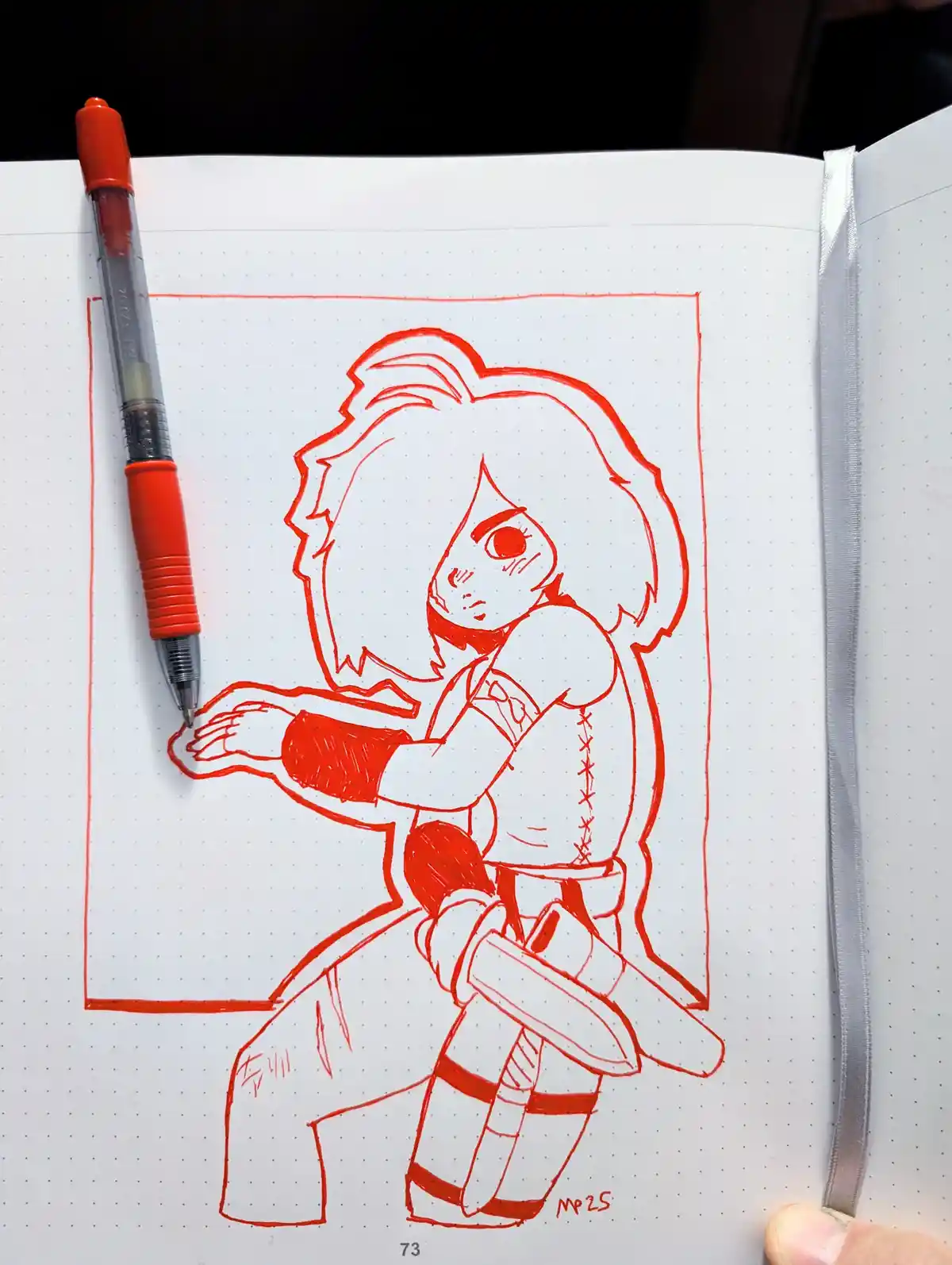 A red ink sketch of a chibi-style anime character with short hair, wearing a laced top and striped pants, drawn in a…