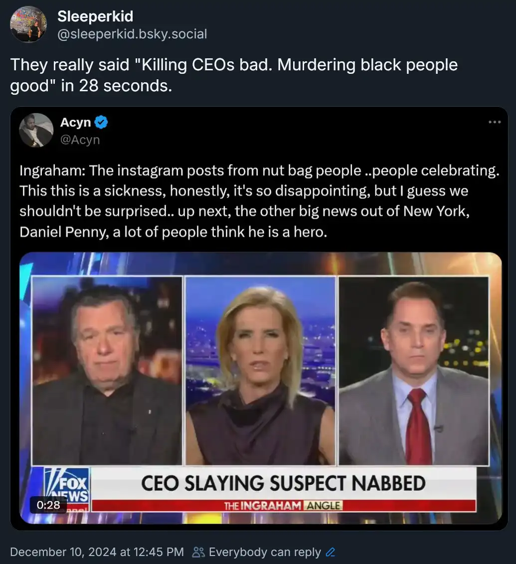 A screenshot of a Fox News broadcast featuring three hosts, with a lower third graphic reading 'CEO SLAYING SUSPECT NABBED'…
