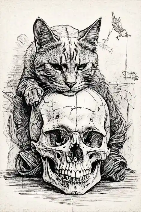 A detailed black-and-white sketch shows a cat sitting atop a human skull, its paws resting on the skull's top. The cat has a…