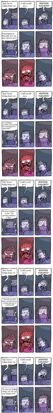 A comic strip shows a child asking their dad for a bedtime story, but each request escalates into a different paradoxical…