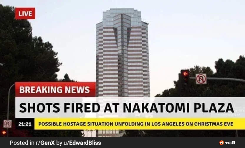 A news broadcast graphic shows a tall glass skyscraper with trees and traffic lights in the foreground. The overlay text…