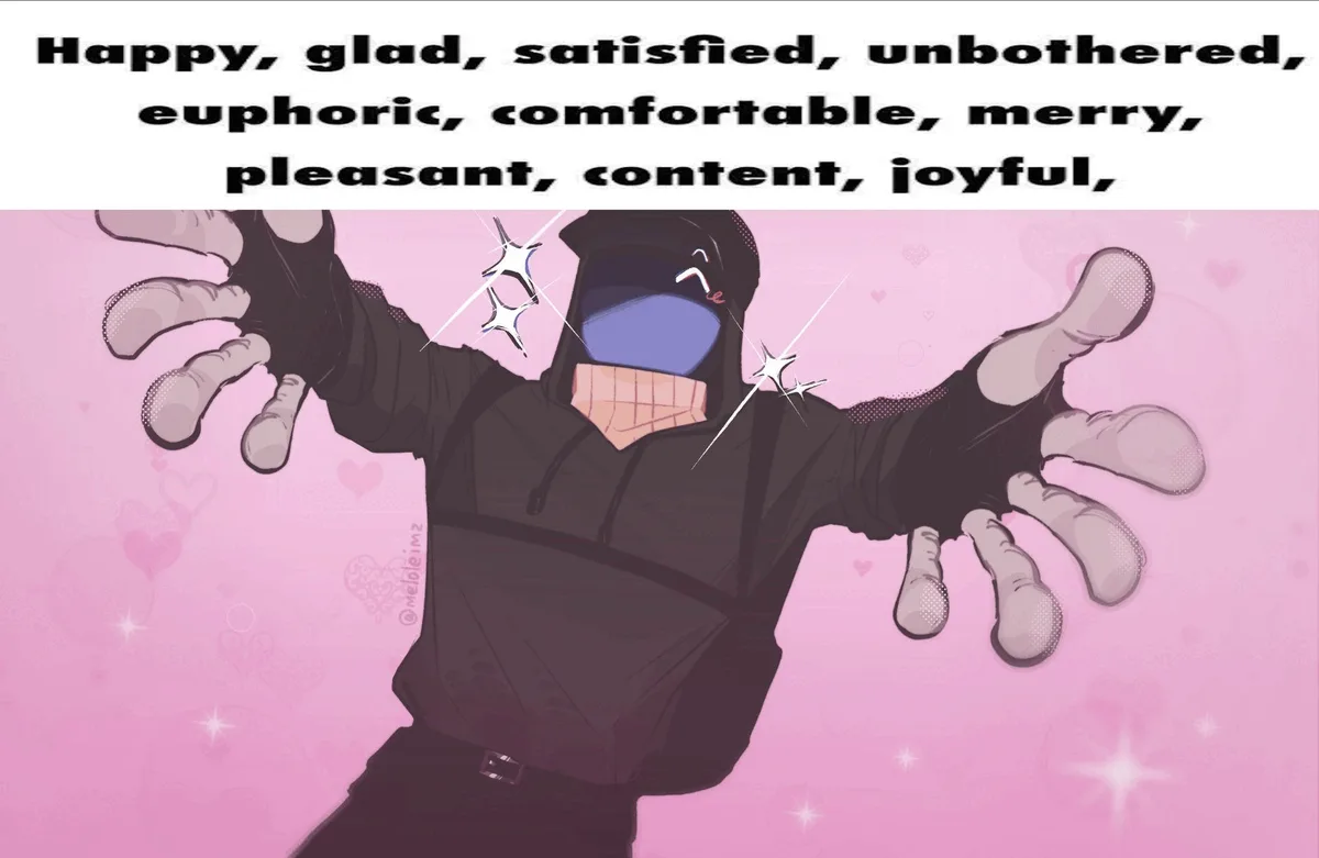 An anime-style character in a black hoodie and mask with a wide, toothy grin, arms outstretched against a pink background…