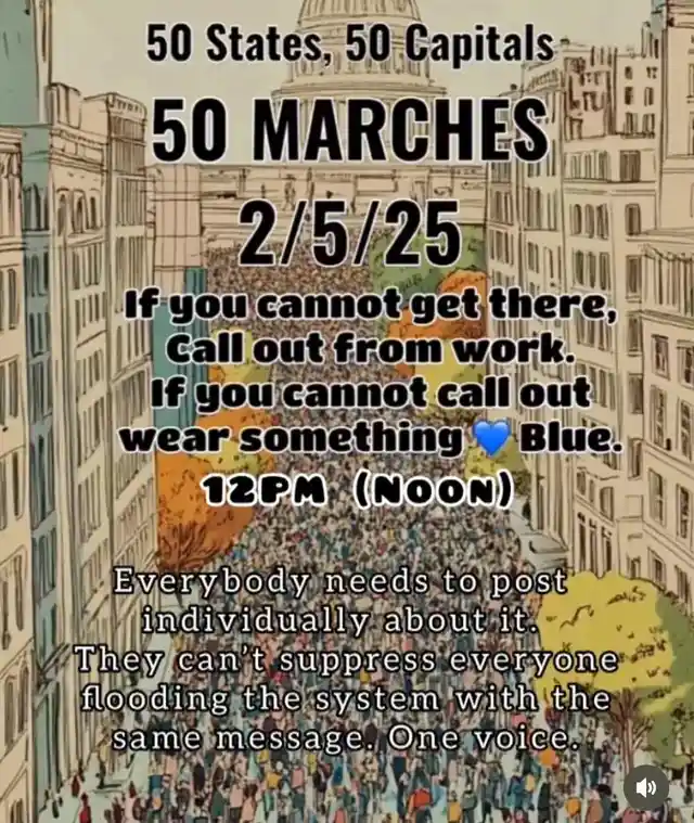 An illustrated image of a crowded street march with the U.S. Capitol building in the background. Overlaid text announces '50…