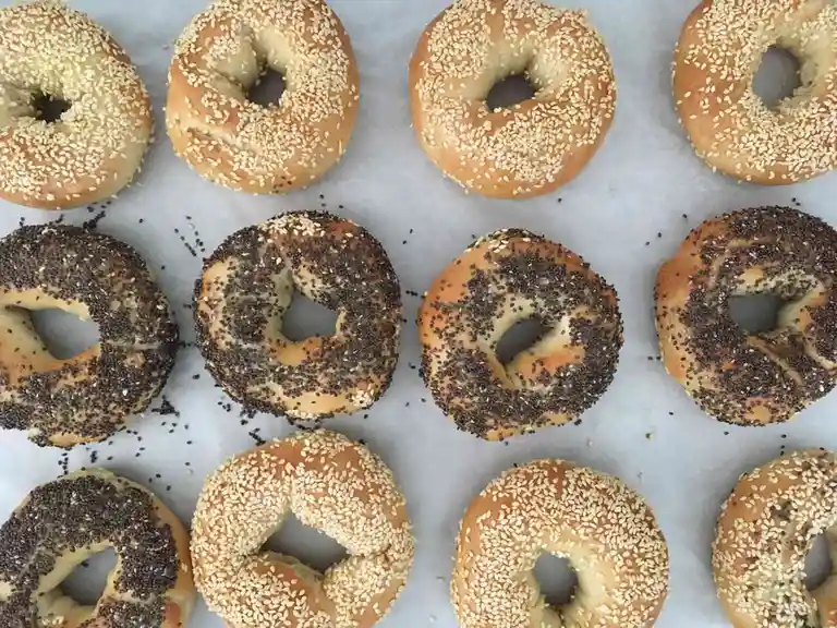 An overhead shot of freshly baked bagels arranged in three rows on parchment paper, with the top and bottom rows featuring…