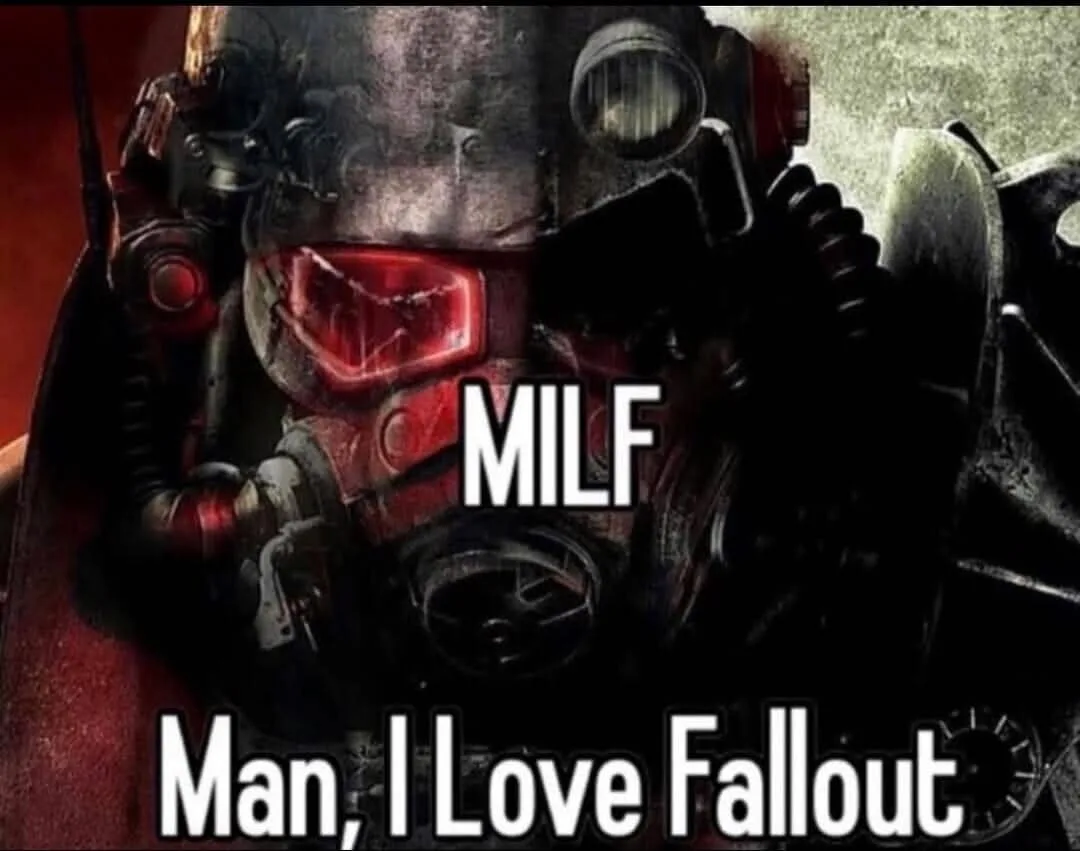 A close-up image of a character wearing a heavily worn, red-tinted power armor helmet from the Fallout video game series…