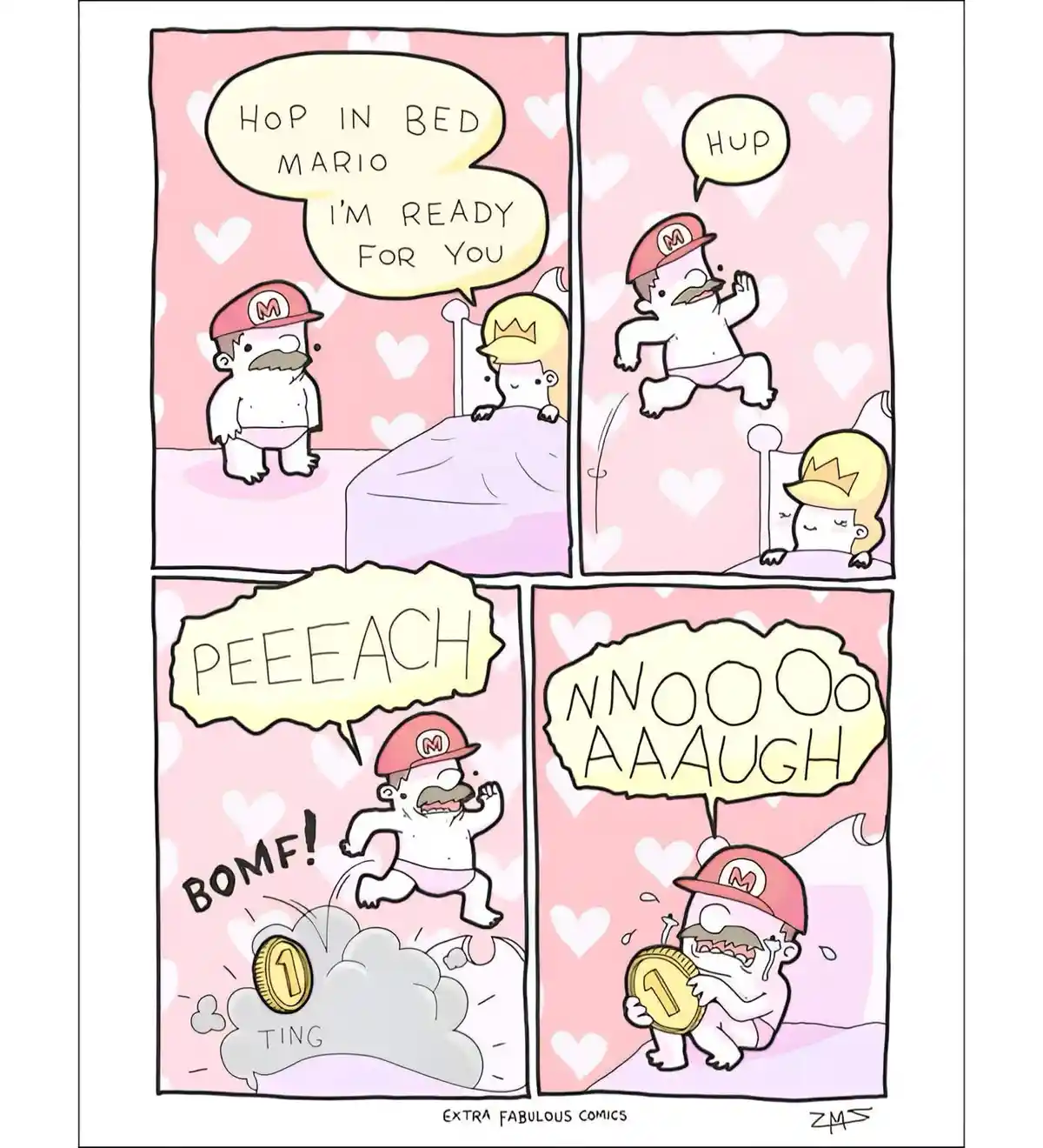 A four-panel comic strip shows Mario in diapers jumping onto a bed where Princess Peach is waiting. In the first panel…