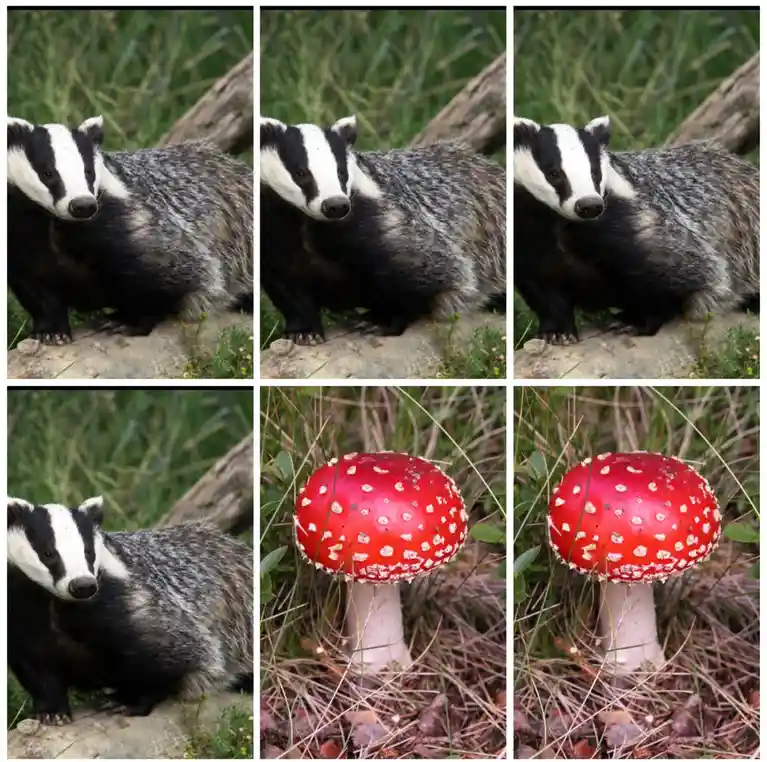 A six-panel grid shows a badger in four panels and a red fly agaric mushroom in two panels. The badger images are identical…