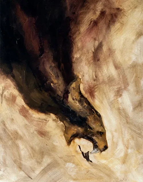 An abstract, impressionistic painting depicts a dark, shadowy feline head emerging from swirling browns and creams, with a…