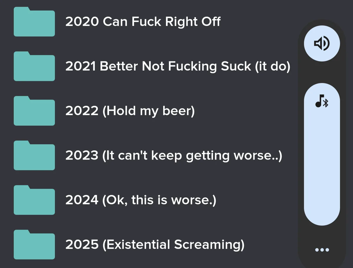 A screenshot of a file explorer interface with folders labeled for years 2020 through 2025, each with a sarcastic or…