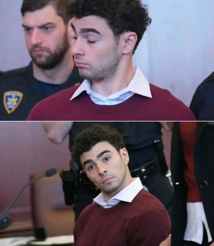 The image is split into two panels showing the same man in a courtroom wearing a maroon sweater over a white collared shirt…