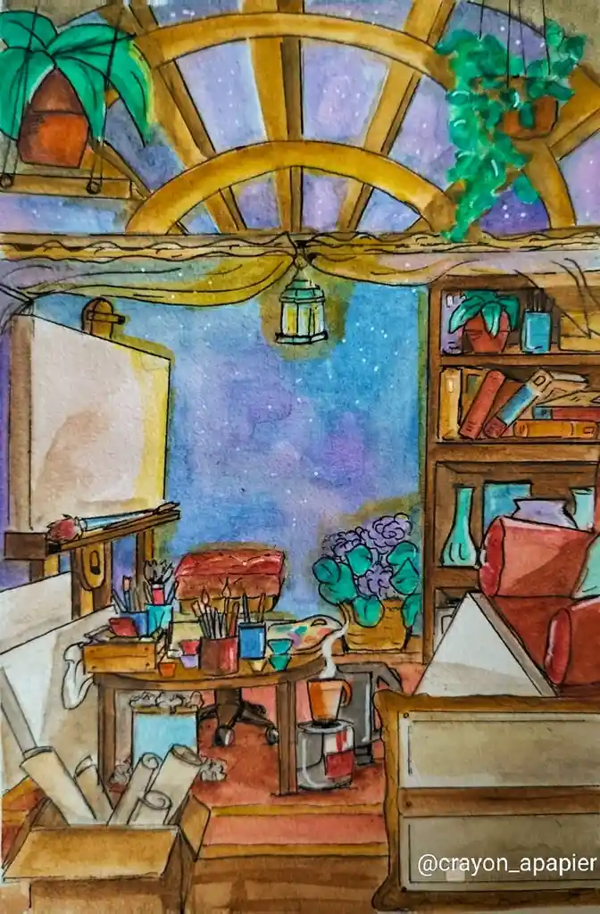 A watercolor illustration of a cozy, cluttered artist's studio at night, featuring an easel, paintbrushes, a palette, a…