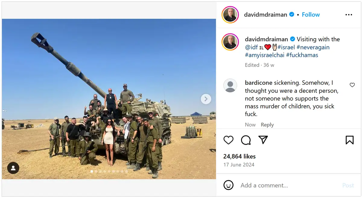 An Instagram post by user davidmdraiman shows a group of Israeli soldiers posing for a photo with a large military tank in a…
