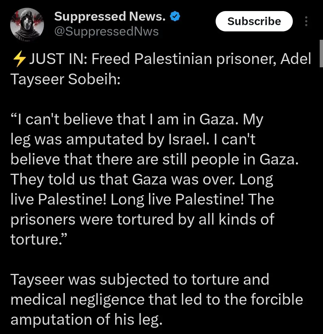 A screenshot of a social media post from 'Suppressed News.' featuring a 'JUST IN' headline about freed Palestinian prisoner…