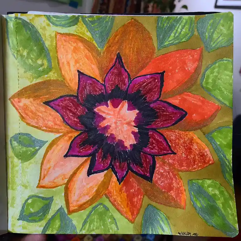 A hand-drawn, colorful flower illustration in a sketchbook, featuring layered petals in shades of orange, red, and purple…