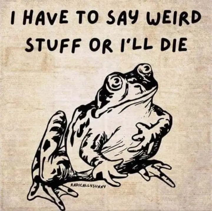 A black-and-white line drawing of a frog sitting upright on a textured beige background, with large, bulging eyes and a…