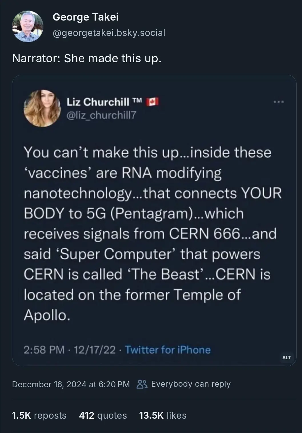 The image shows a screenshot of a social media post by George Takei, who is replying to a tweet from Liz Churchill. The…